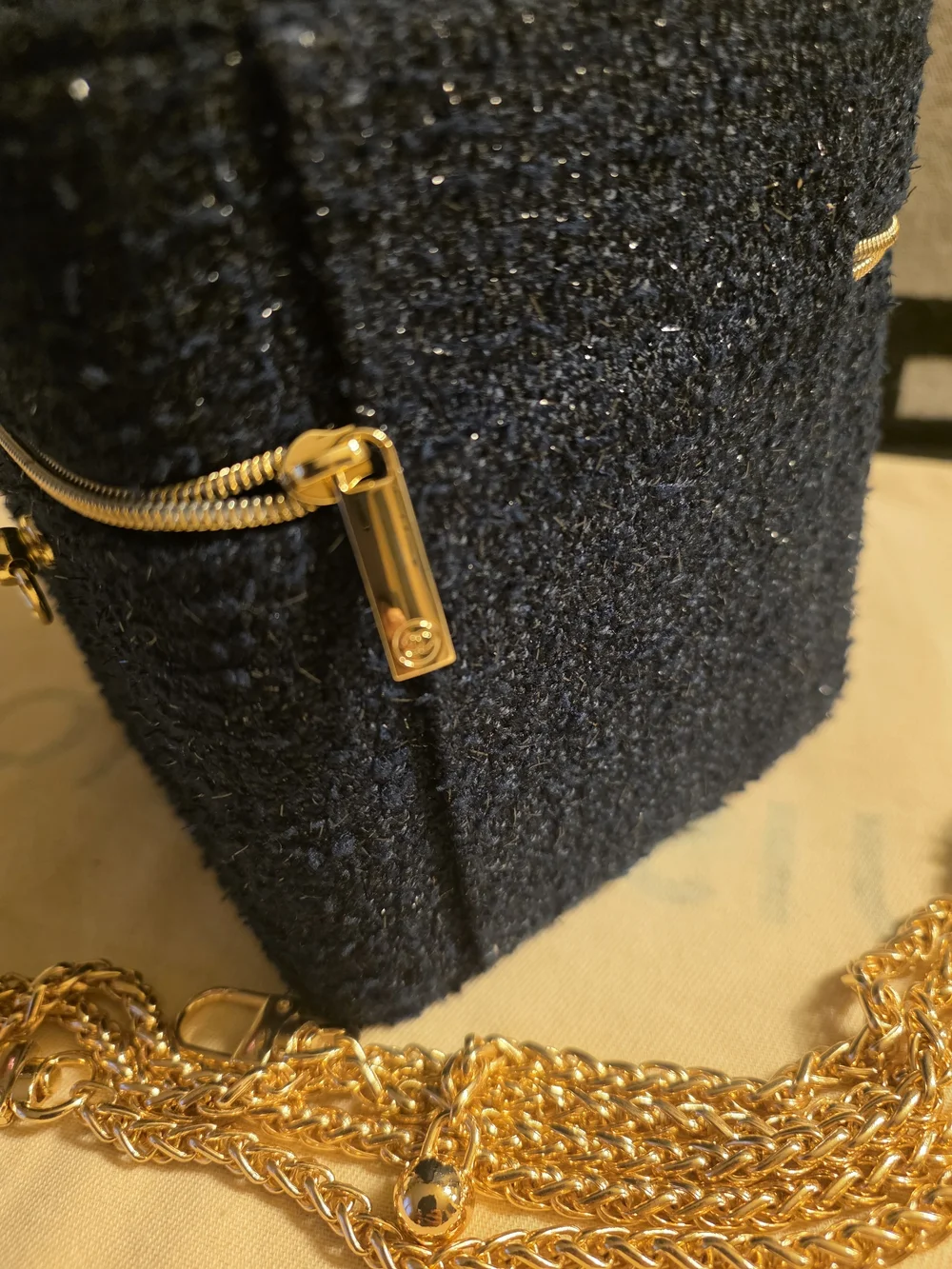 CHANEL Gold Chain Key & Card Holder with Black Tweed Case